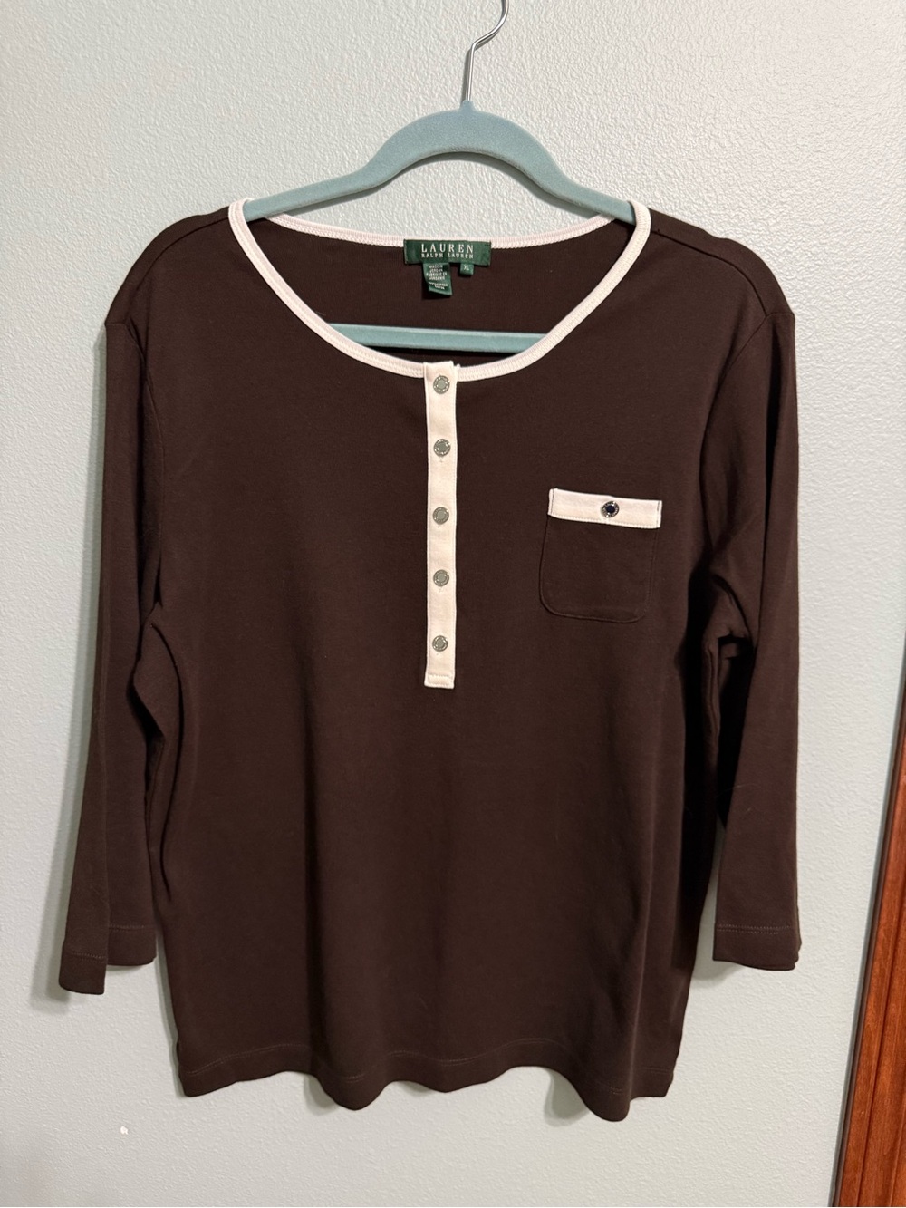 Ralph Lauren Brown Long-Sleeve Henley with Cream Trim
